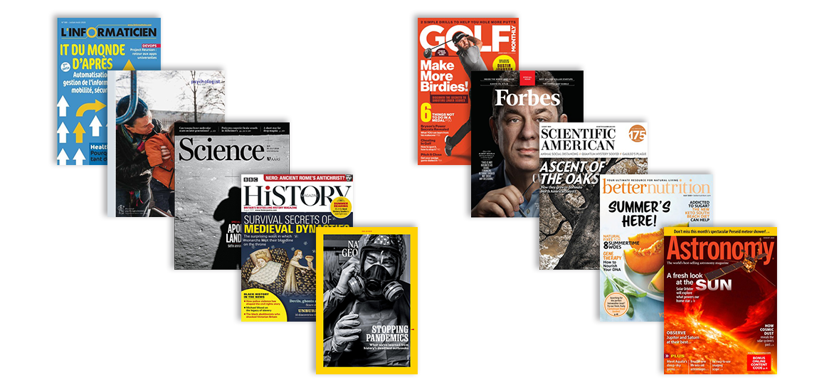Covers of best-selling digital magazines such as Forbes, National Geographic, Astronomy, Science, BBC History, better nutrition, and more.